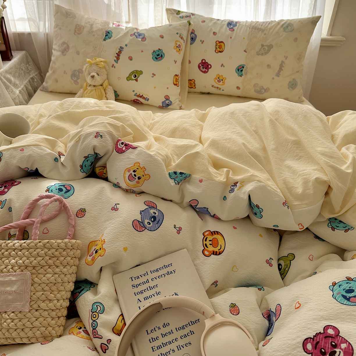 91家纺网 家纺一手货源 找家纺 顾里家纺 2025新款蕾丝花边卡哇伊云感皱皱纱四件套套件 童年时光