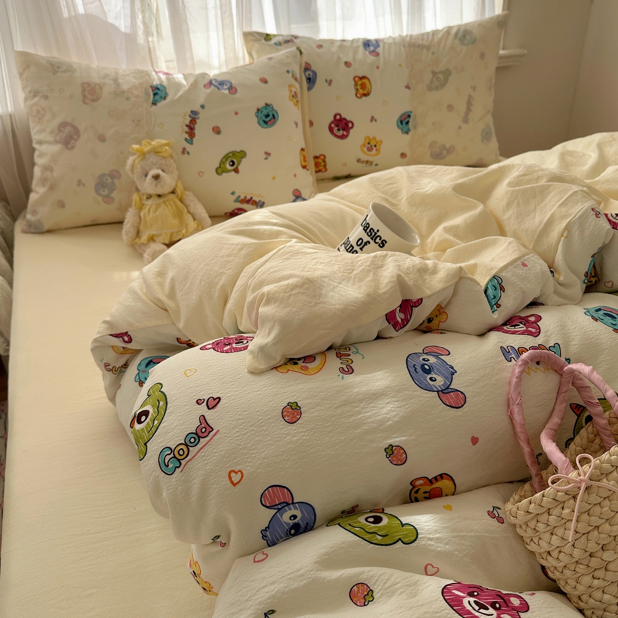 91家纺网 家纺一手货源 找家纺 顾里家纺 2025新款蕾丝花边卡哇伊云感皱皱纱四件套套件 童年时光