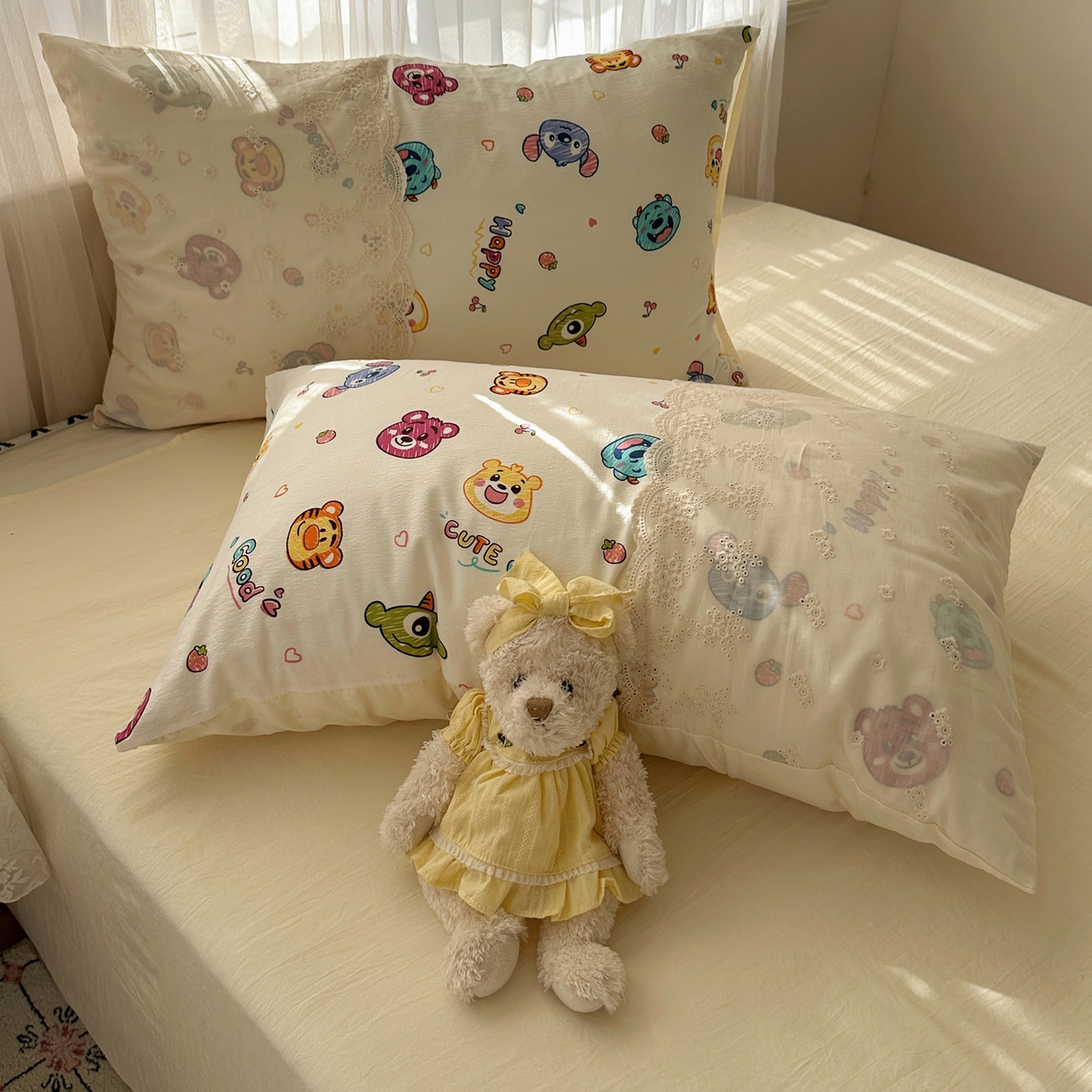 91家纺网 家纺一手货源 找家纺 顾里家纺 2025新款蕾丝花边卡哇伊云感皱皱纱四件套套件 童年时光