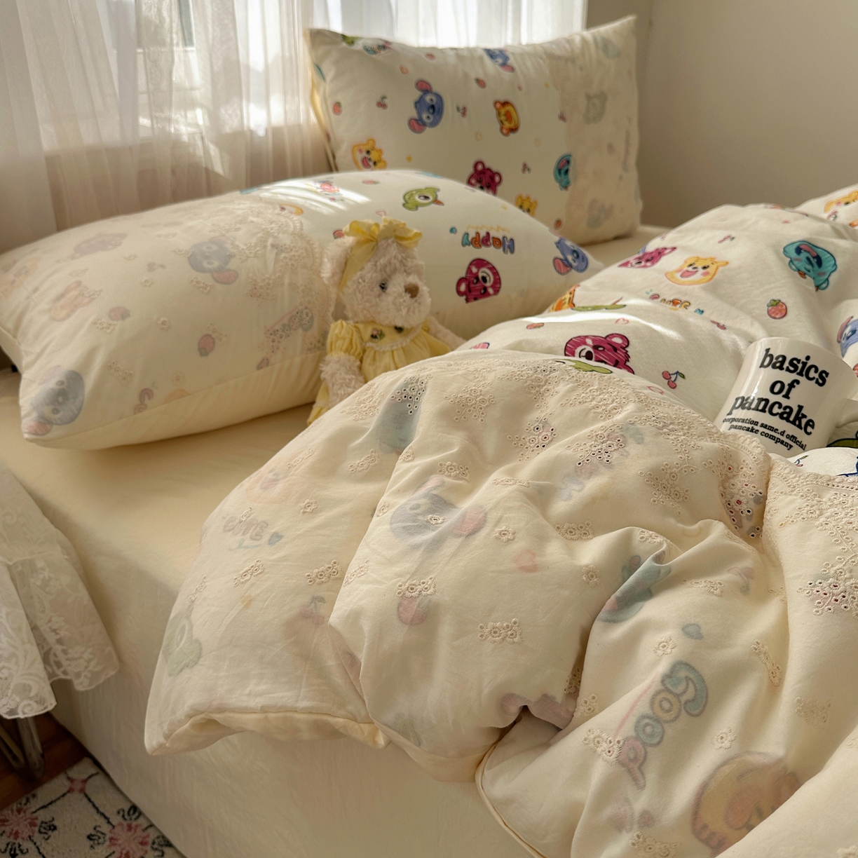 91家纺网 家纺一手货源 找家纺 顾里家纺 2025新款蕾丝花边卡哇伊云感皱皱纱四件套套件 童年时光