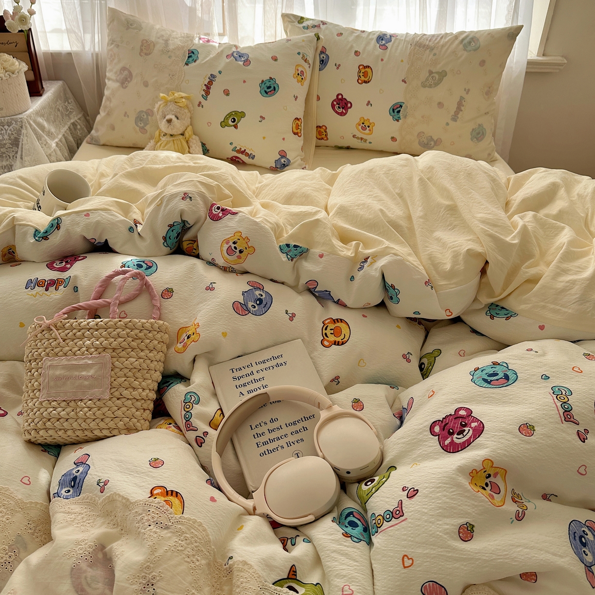 91家纺网 家纺一手货源 找家纺 顾里家纺 2025新款蕾丝花边卡哇伊云感皱皱纱四件套套件 童年时光