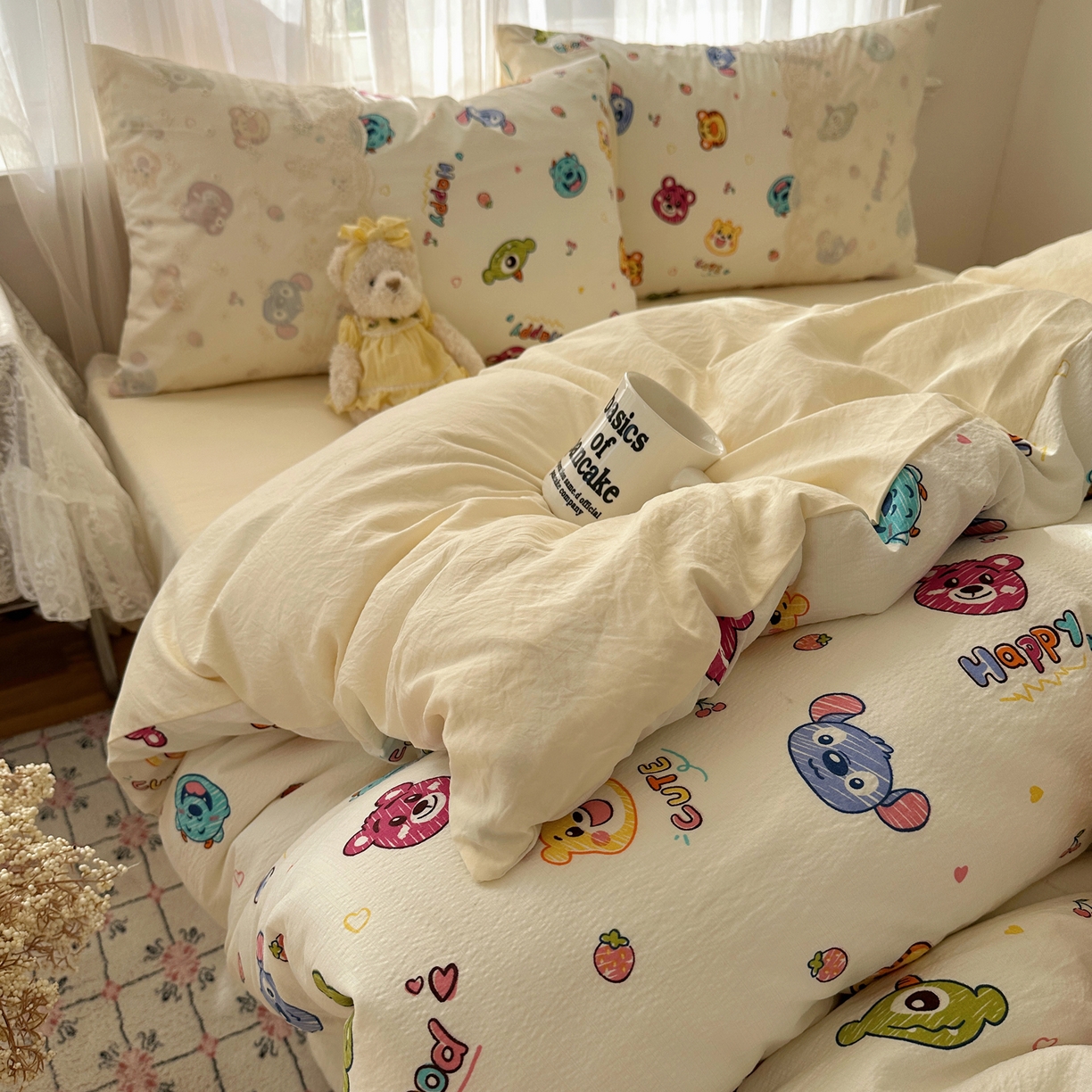 91家纺网 家纺一手货源 找家纺 顾里家纺 2025新款蕾丝花边卡哇伊云感皱皱纱四件套套件 童年时光