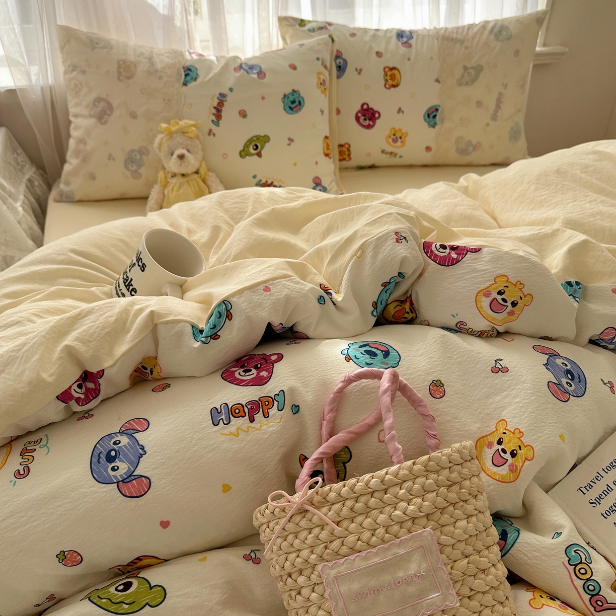 91家纺网 家纺一手货源 找家纺 顾里家纺 2025新款蕾丝花边卡哇伊云感皱皱纱四件套套件 童年时光