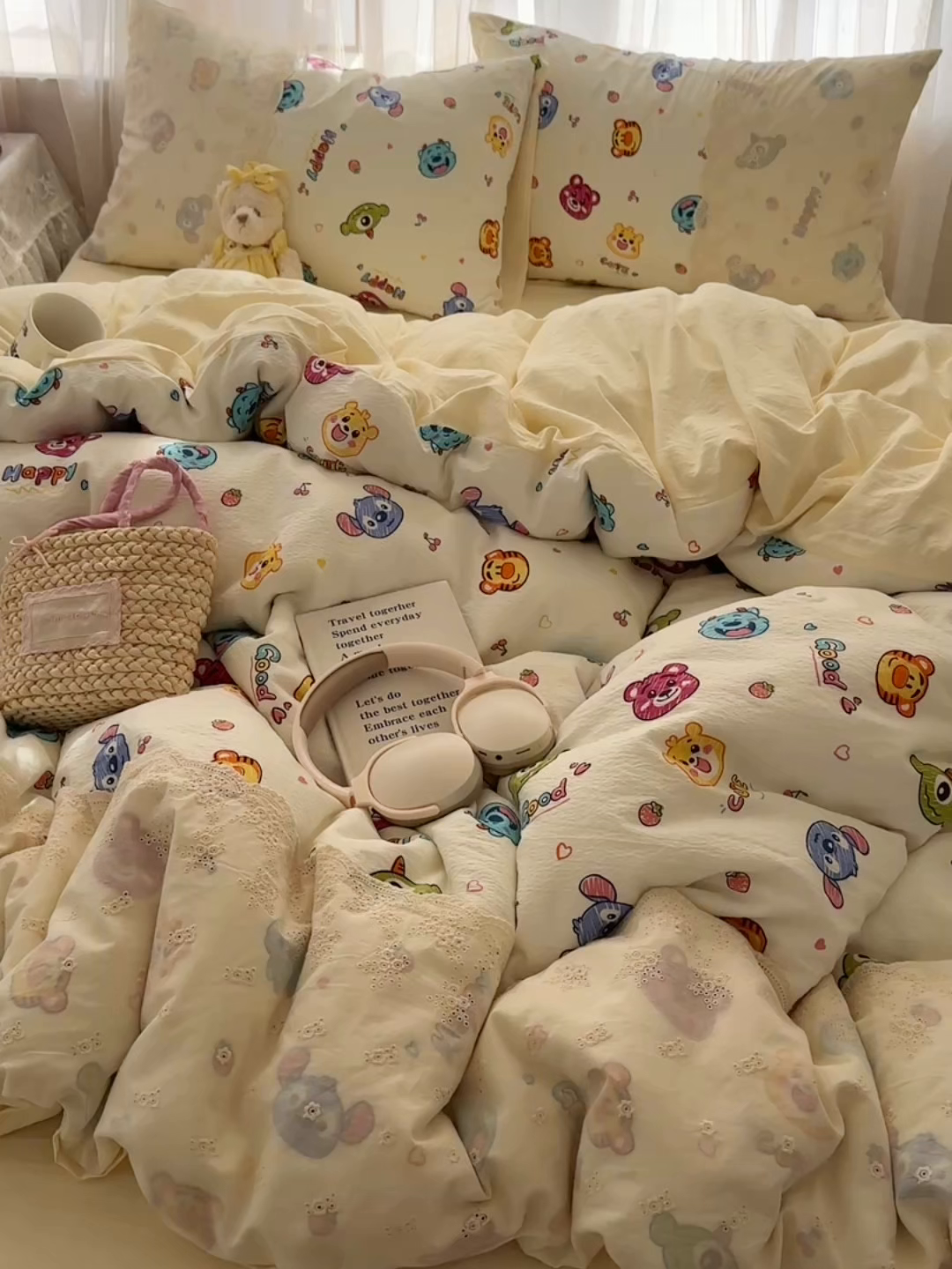 91家纺网 家纺一手货源 找家纺 顾里家纺 2025新款蕾丝花边卡哇伊云感皱皱纱四件套套件 童年时光