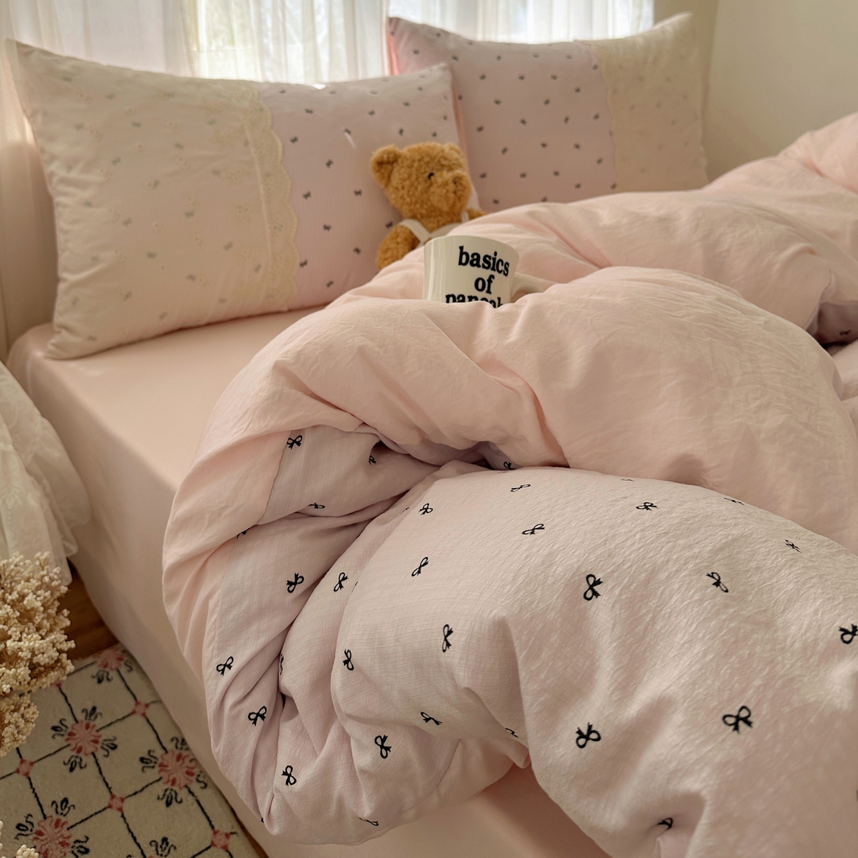 91家纺网 家纺一手货源 找家纺 顾里家纺 2025新款蕾丝花边卡哇伊云感皱皱纱四件套套件 小蝴蝶结