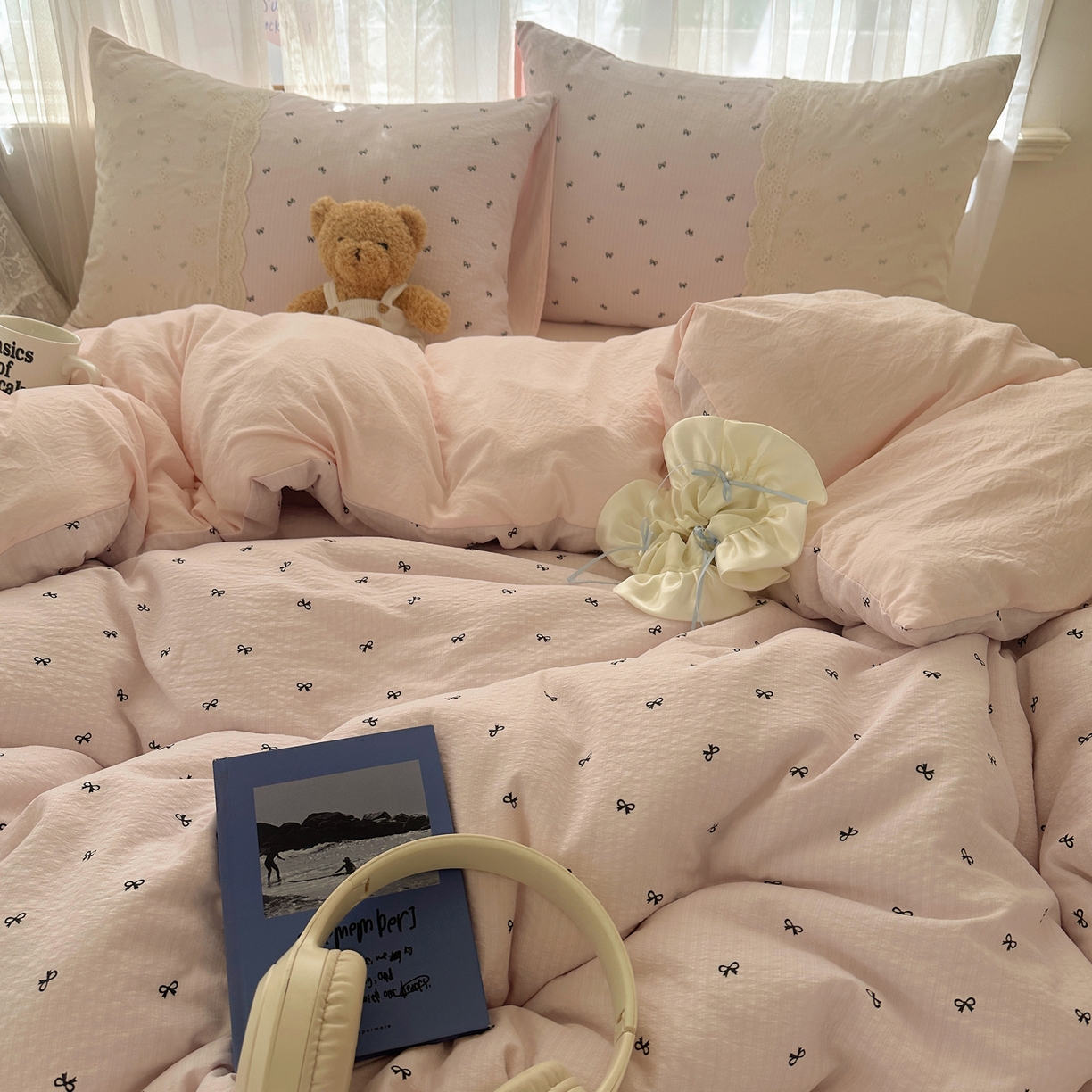 91家纺网 家纺一手货源 找家纺 顾里家纺 2025新款蕾丝花边卡哇伊云感皱皱纱四件套套件 小蝴蝶结