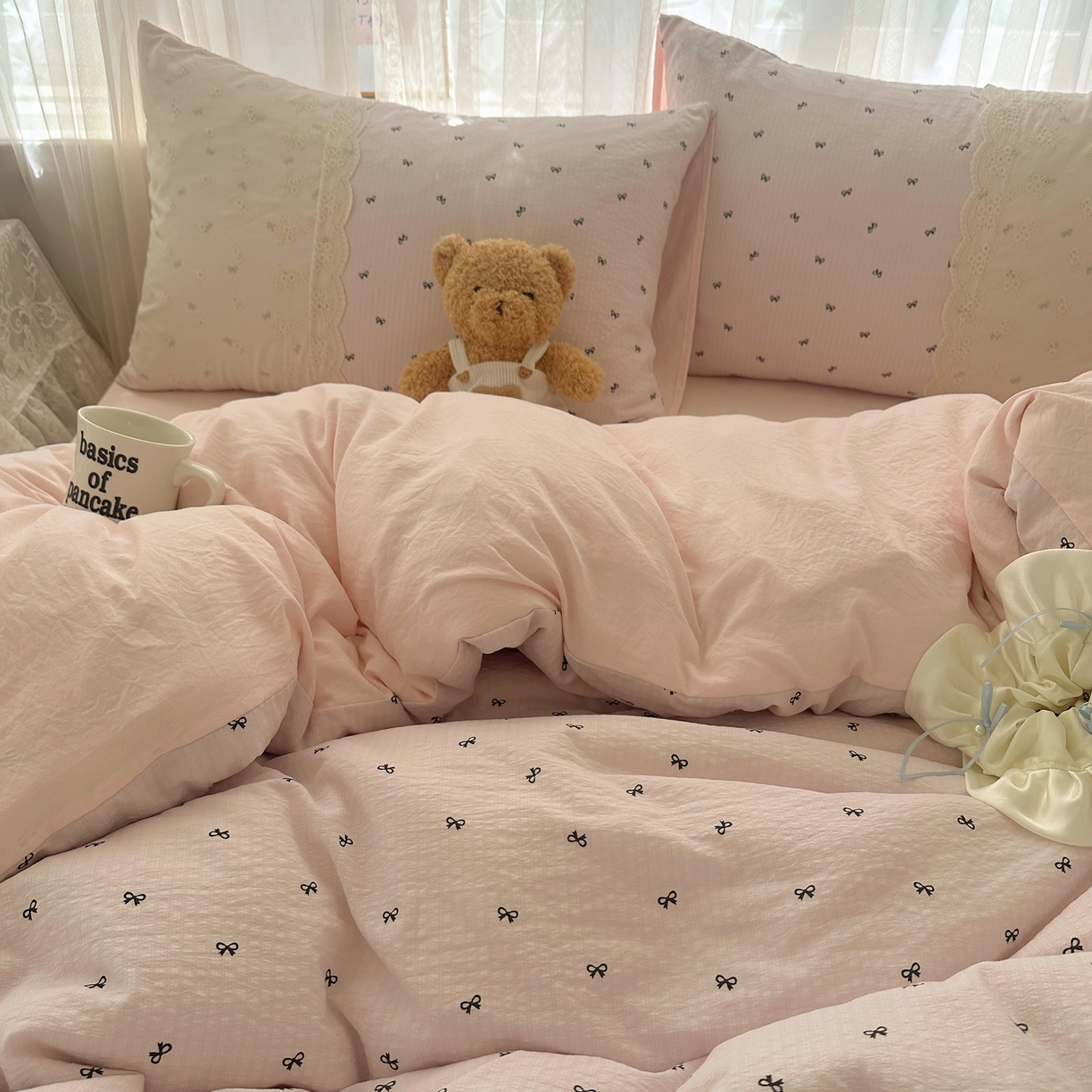 91家纺网 家纺一手货源 找家纺 顾里家纺 2025新款蕾丝花边卡哇伊云感皱皱纱四件套套件 小蝴蝶结