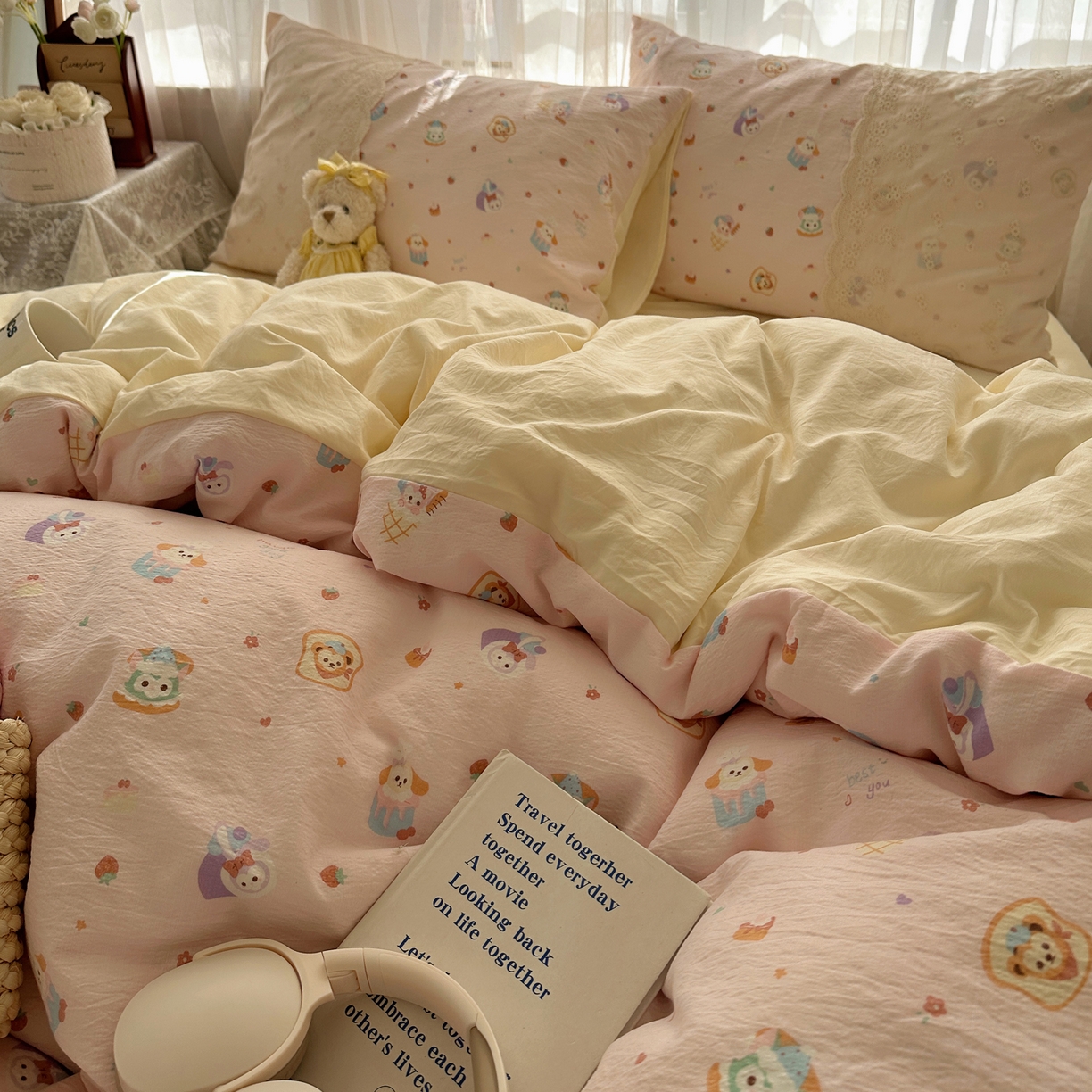 91家纺网 家纺一手货源 找家纺 顾里家纺 2025新款蕾丝花边卡哇伊云感皱皱纱四件套套件 小熊软糖