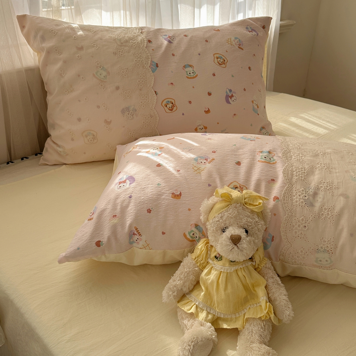 91家纺网 家纺一手货源 找家纺 顾里家纺 2025新款蕾丝花边卡哇伊云感皱皱纱四件套套件 小熊软糖