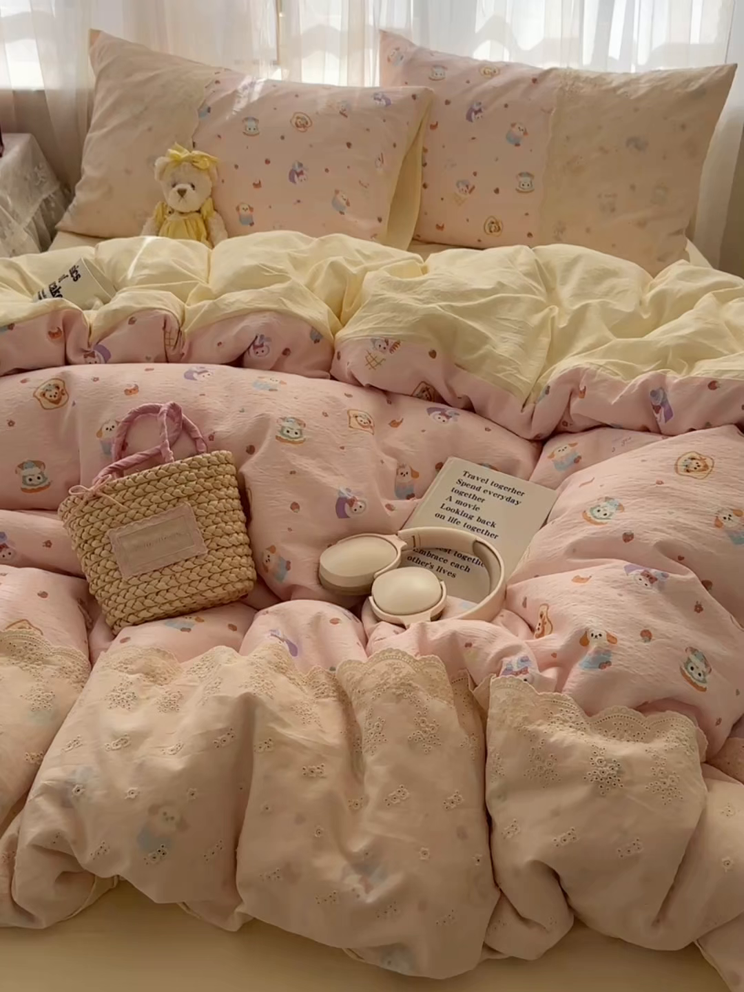 91家纺网 家纺一手货源 找家纺 顾里家纺 2025新款蕾丝花边卡哇伊云感皱皱纱四件套套件 小熊软糖