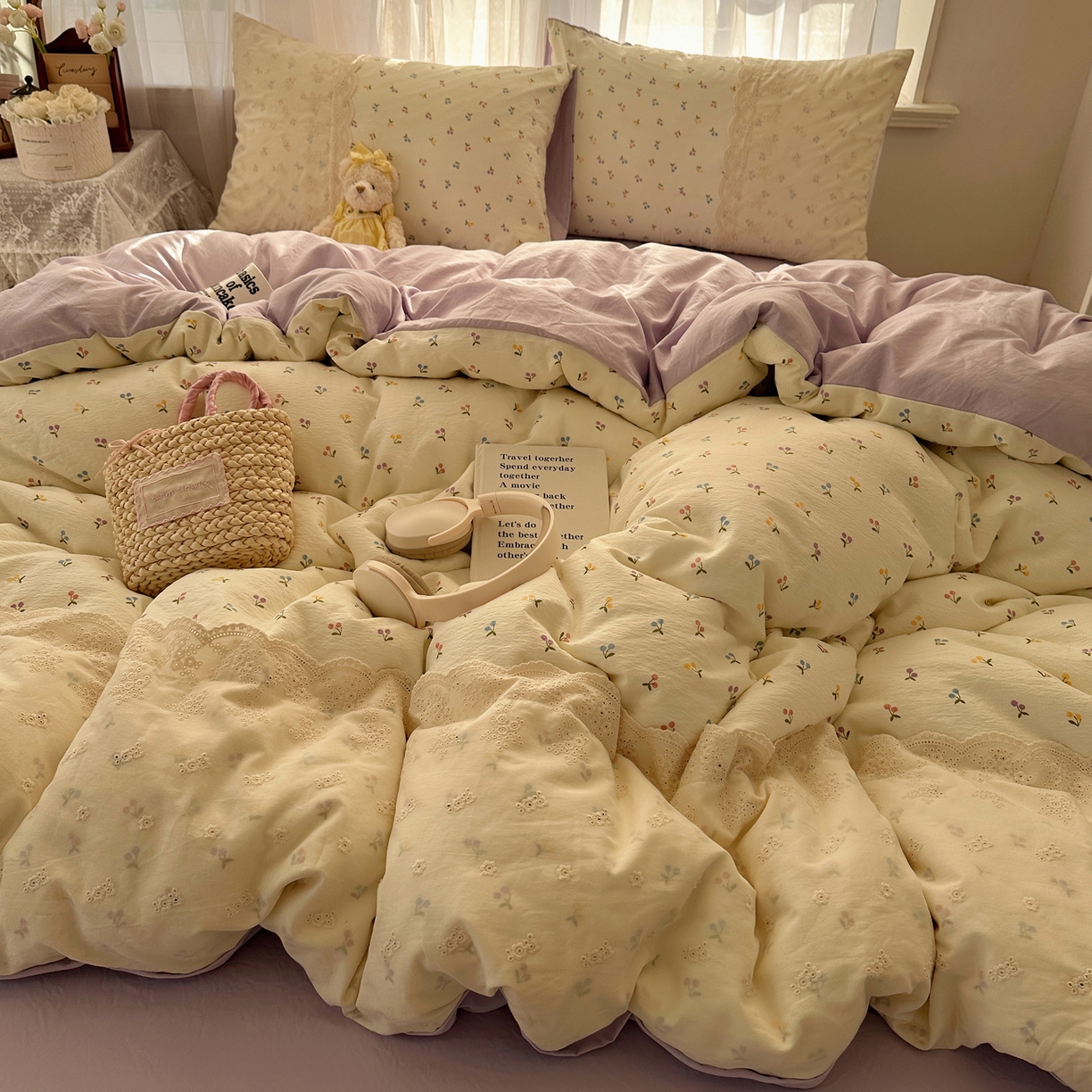 91家纺网 家纺一手货源 找家纺 顾里家纺 2025新款蕾丝花边卡哇伊云感皱皱纱四件套套件 小樱结