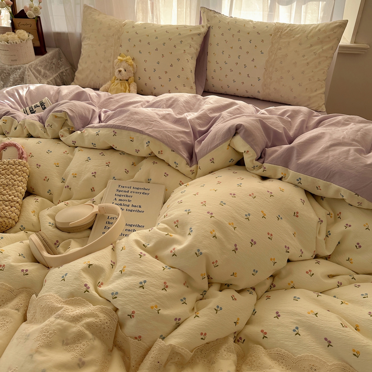 91家纺网 家纺一手货源 找家纺 顾里家纺 2025新款蕾丝花边卡哇伊云感皱皱纱四件套套件 小樱结