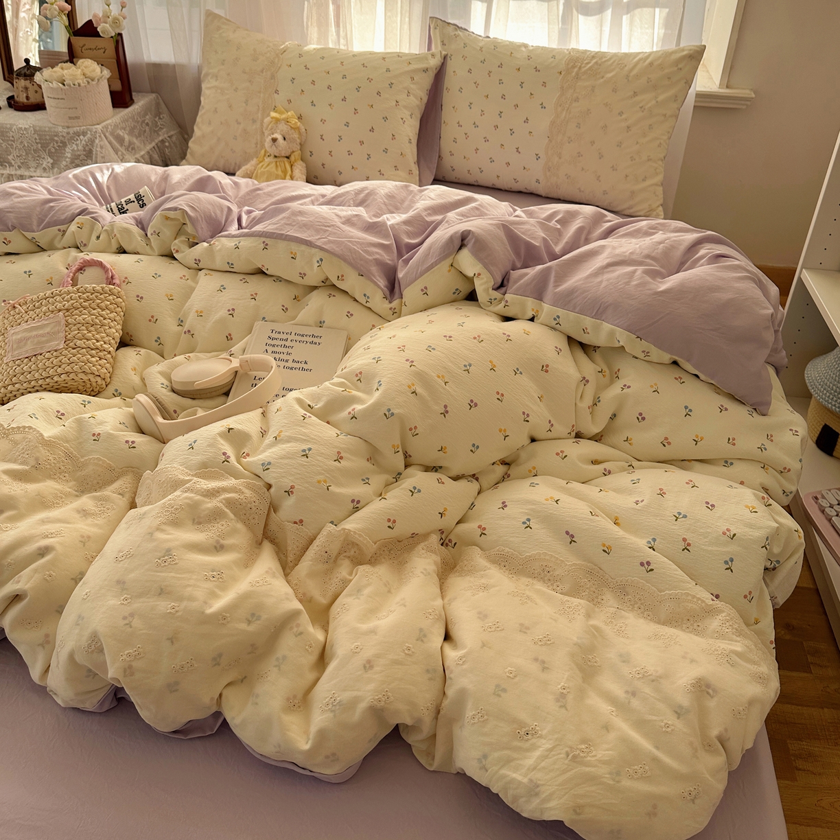 91家纺网 家纺一手货源 找家纺 顾里家纺 2025新款蕾丝花边卡哇伊云感皱皱纱四件套套件 小樱结