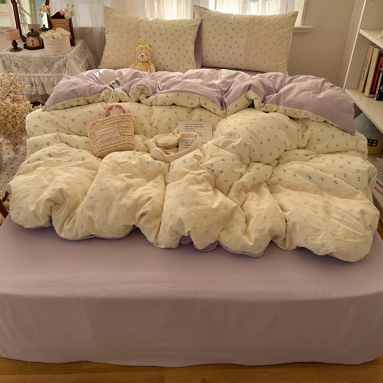 91家纺网 家纺一手货源 找家纺 顾里家纺 2025新款蕾丝花边卡哇伊云感皱皱纱四件套套件 小樱结