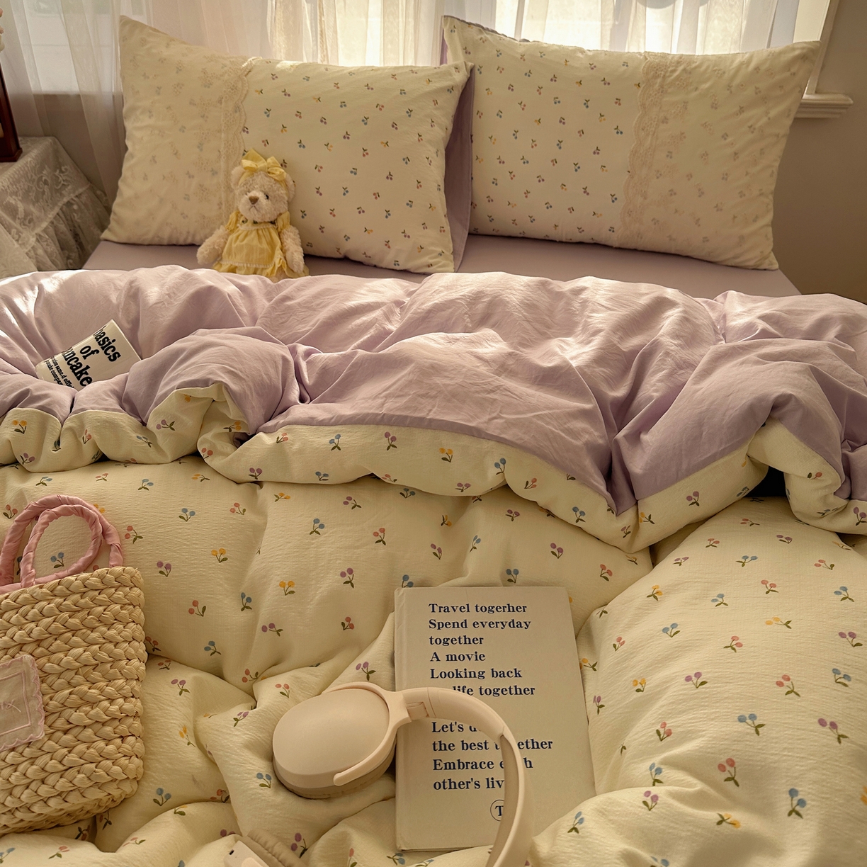 91家纺网 家纺一手货源 找家纺 顾里家纺 2025新款蕾丝花边卡哇伊云感皱皱纱四件套套件 小樱结