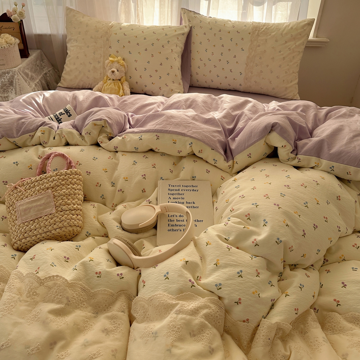 91家纺网 家纺一手货源 找家纺 顾里家纺 2025新款蕾丝花边卡哇伊云感皱皱纱四件套套件 小樱结