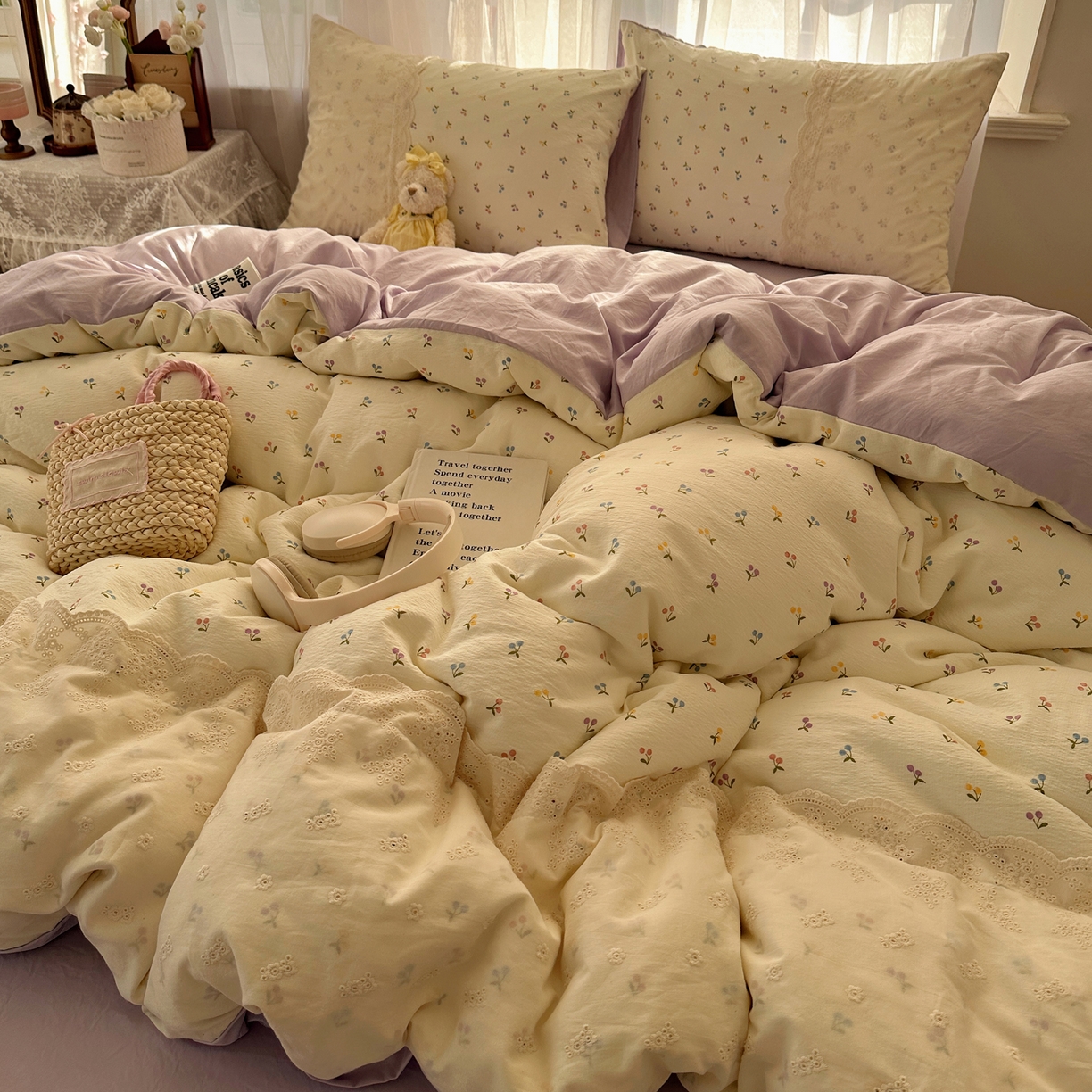 91家纺网 家纺一手货源 找家纺 顾里家纺 2025新款蕾丝花边卡哇伊云感皱皱纱四件套套件 小樱结