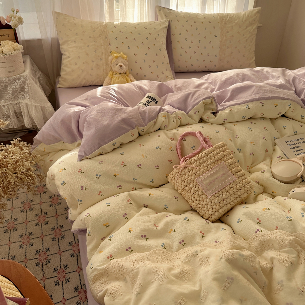 91家纺网 家纺一手货源 找家纺 顾里家纺 2025新款蕾丝花边卡哇伊云感皱皱纱四件套套件 小樱结