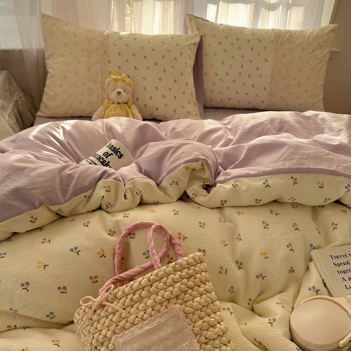 91家纺网 家纺一手货源 找家纺 顾里家纺 2025新款蕾丝花边卡哇伊云感皱皱纱四件套套件 小樱结