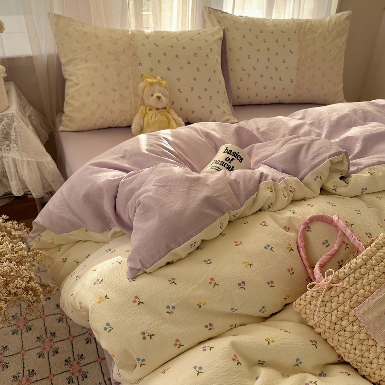 91家纺网 家纺一手货源 找家纺 顾里家纺 2025新款蕾丝花边卡哇伊云感皱皱纱四件套套件 小樱结