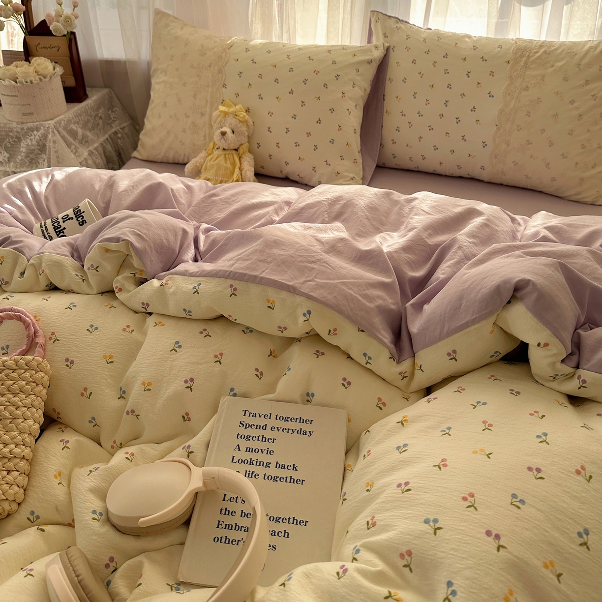 91家纺网 家纺一手货源 找家纺 顾里家纺 2025新款蕾丝花边卡哇伊云感皱皱纱四件套套件 小樱结