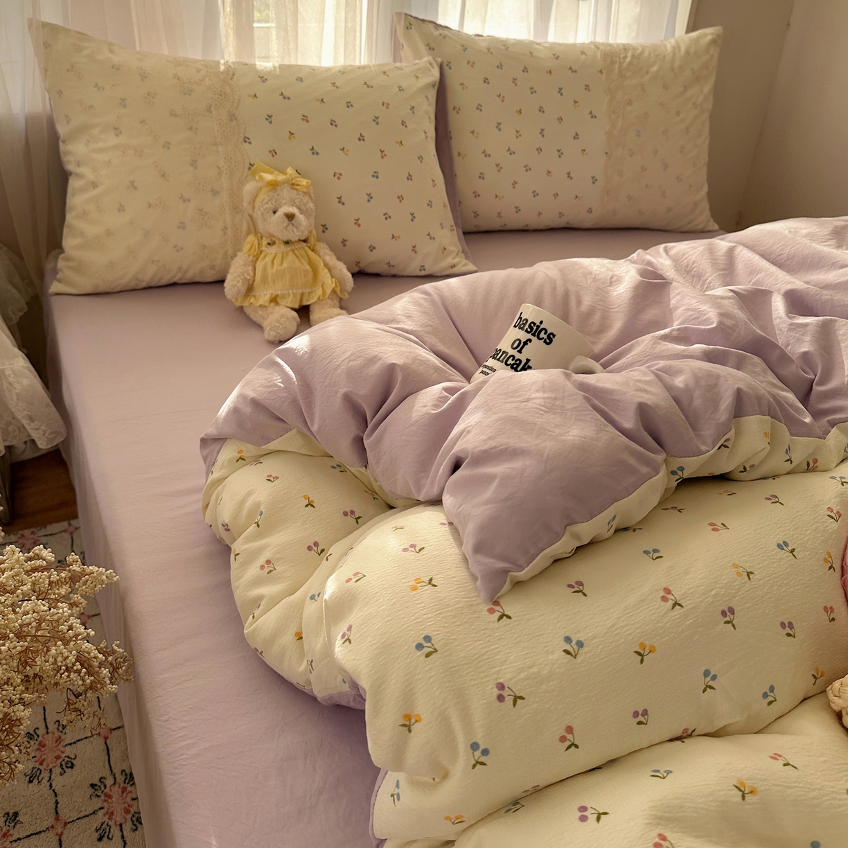 91家纺网 家纺一手货源 找家纺 顾里家纺 2025新款蕾丝花边卡哇伊云感皱皱纱四件套套件 小樱结