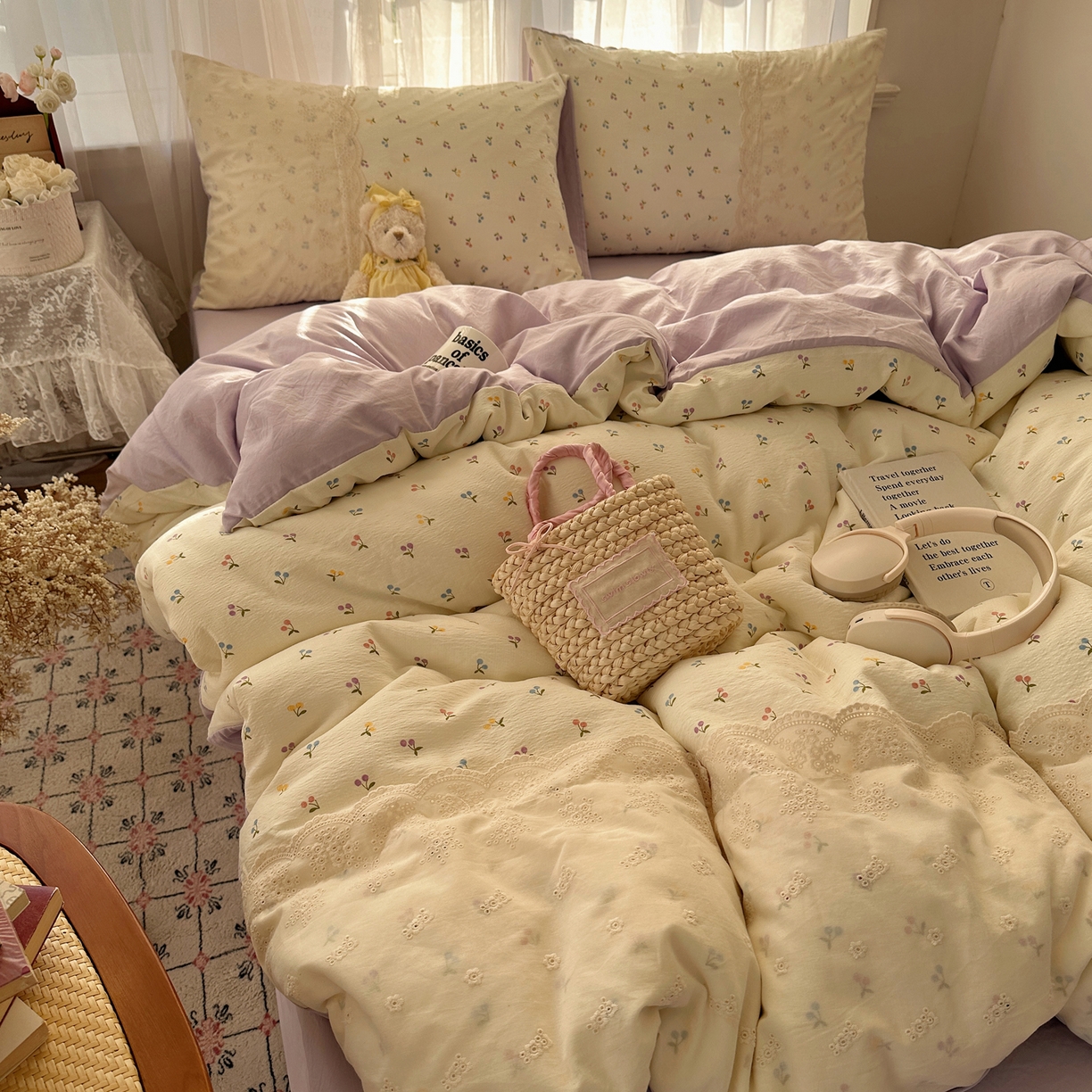 91家纺网 家纺一手货源 找家纺 顾里家纺 2025新款蕾丝花边卡哇伊云感皱皱纱四件套套件 小樱结