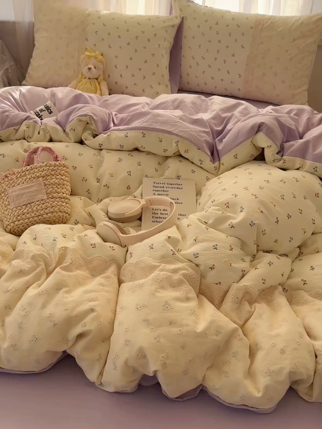 91家纺网 家纺一手货源 找家纺 顾里家纺 2025新款蕾丝花边卡哇伊云感皱皱纱四件套套件 小樱结