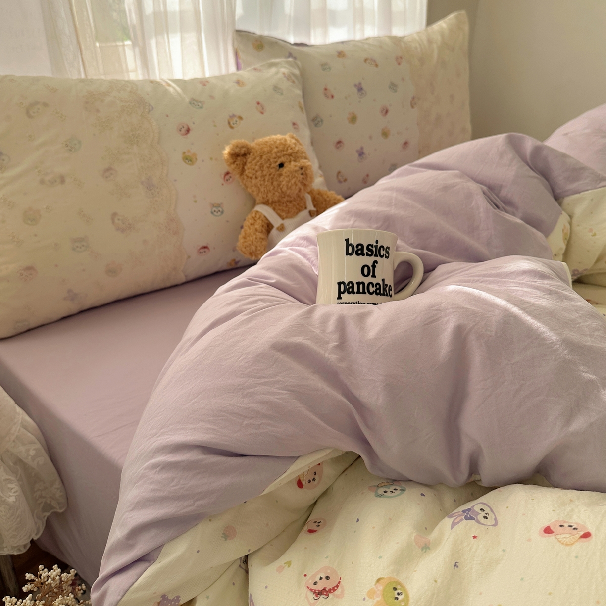 91家纺网 家纺一手货源 找家纺 顾里家纺 2025新款蕾丝花边卡哇伊云感皱皱纱四件套套件 游乐园