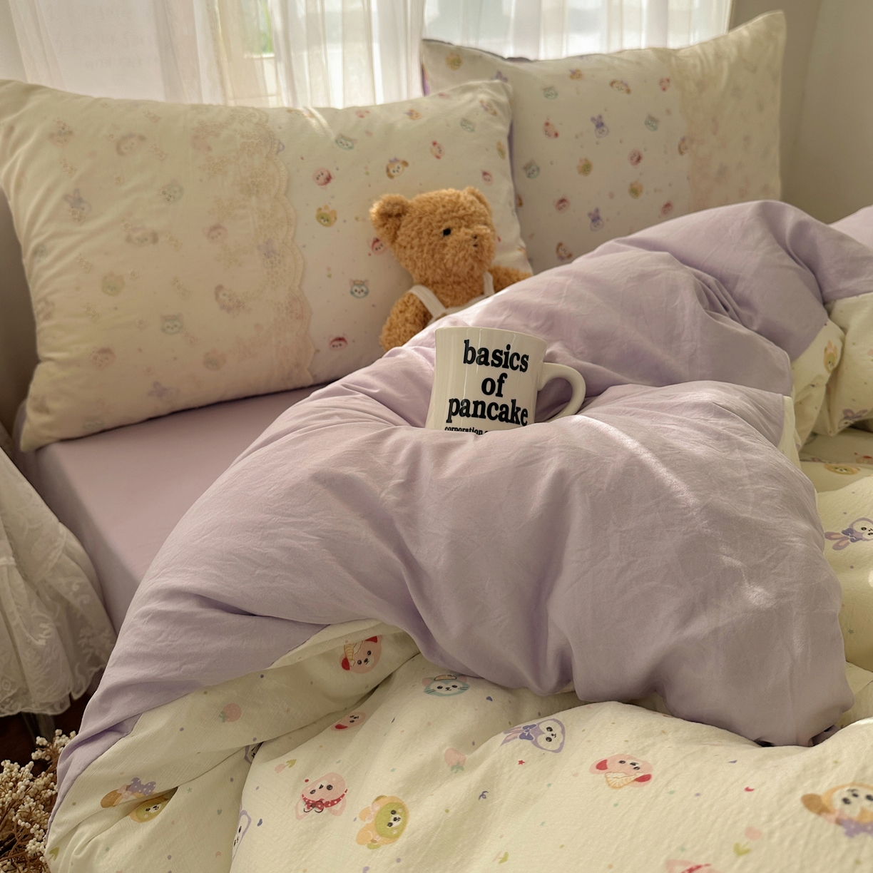 91家纺网 家纺一手货源 找家纺 顾里家纺 2025新款蕾丝花边卡哇伊云感皱皱纱四件套套件 游乐园