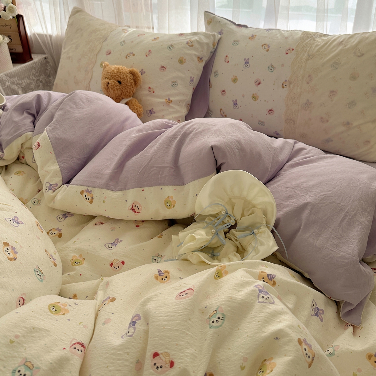 91家纺网 家纺一手货源 找家纺 顾里家纺 2025新款蕾丝花边卡哇伊云感皱皱纱四件套套件 游乐园