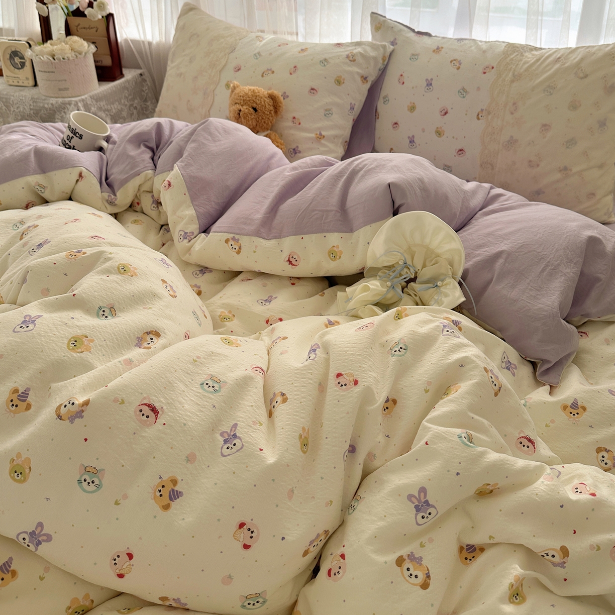 91家纺网 家纺一手货源 找家纺 顾里家纺 2025新款蕾丝花边卡哇伊云感皱皱纱四件套套件 游乐园