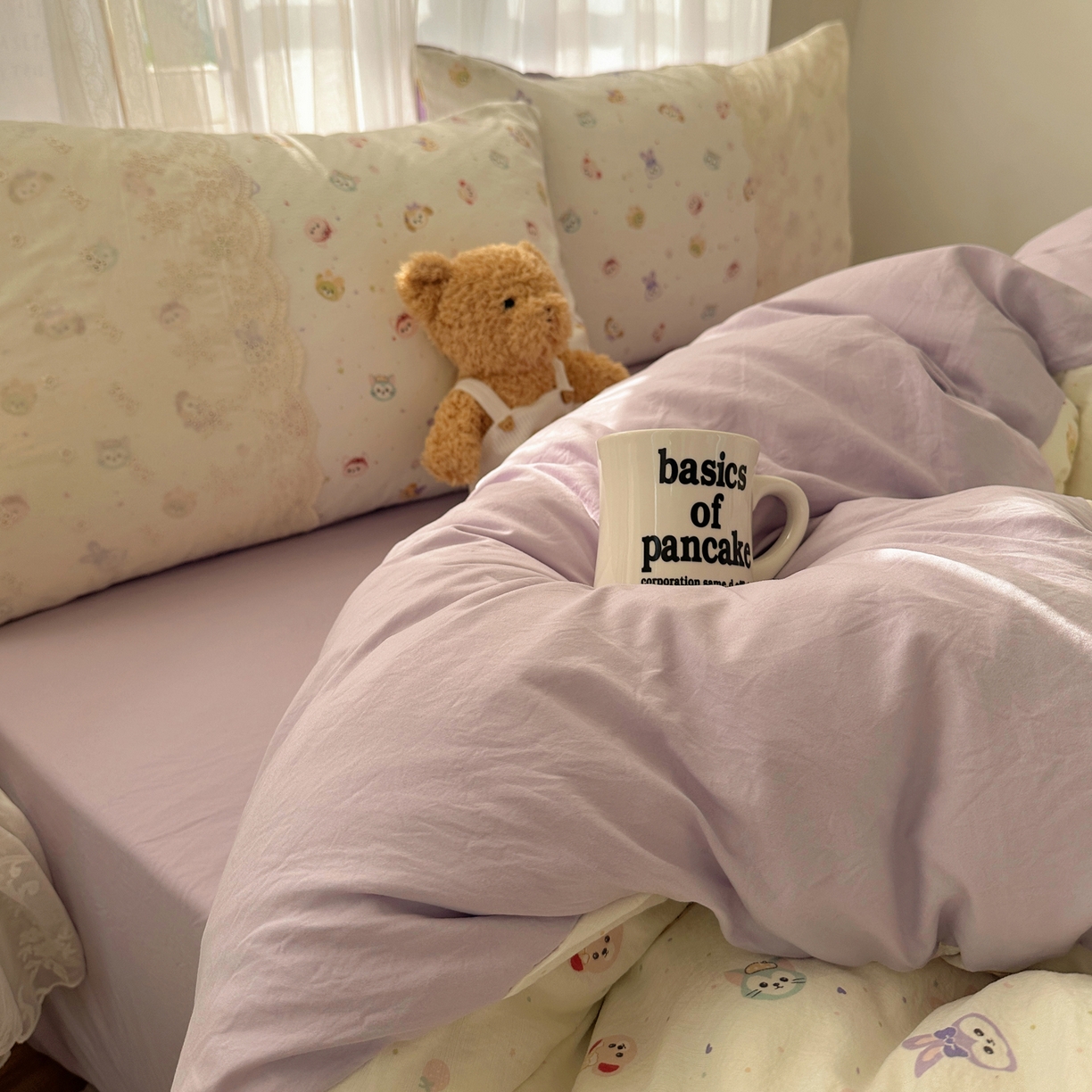 91家纺网 家纺一手货源 找家纺 顾里家纺 2025新款蕾丝花边卡哇伊云感皱皱纱四件套套件 游乐园