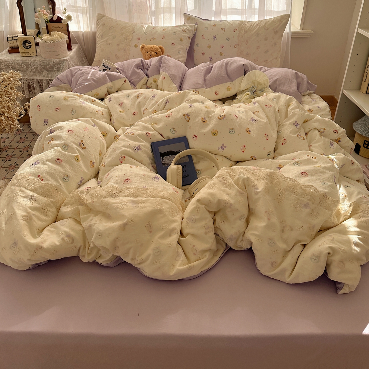 91家纺网 家纺一手货源 找家纺 顾里家纺 2025新款蕾丝花边卡哇伊云感皱皱纱四件套套件 游乐园