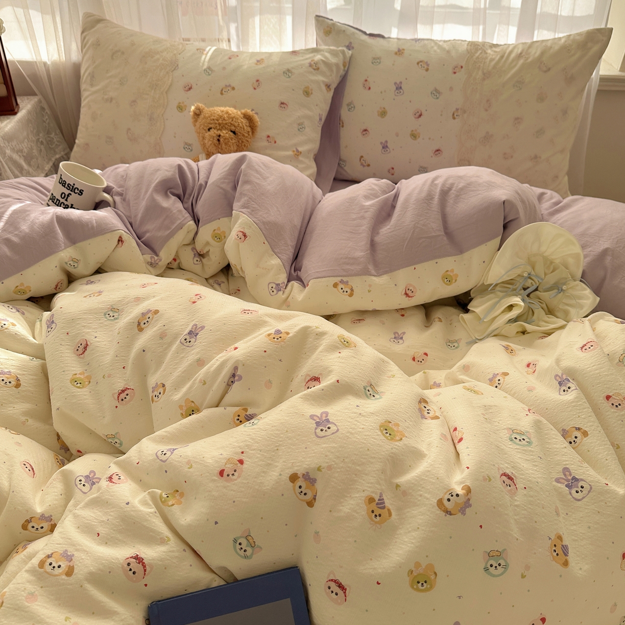 91家纺网 家纺一手货源 找家纺 顾里家纺 2025新款蕾丝花边卡哇伊云感皱皱纱四件套套件 游乐园