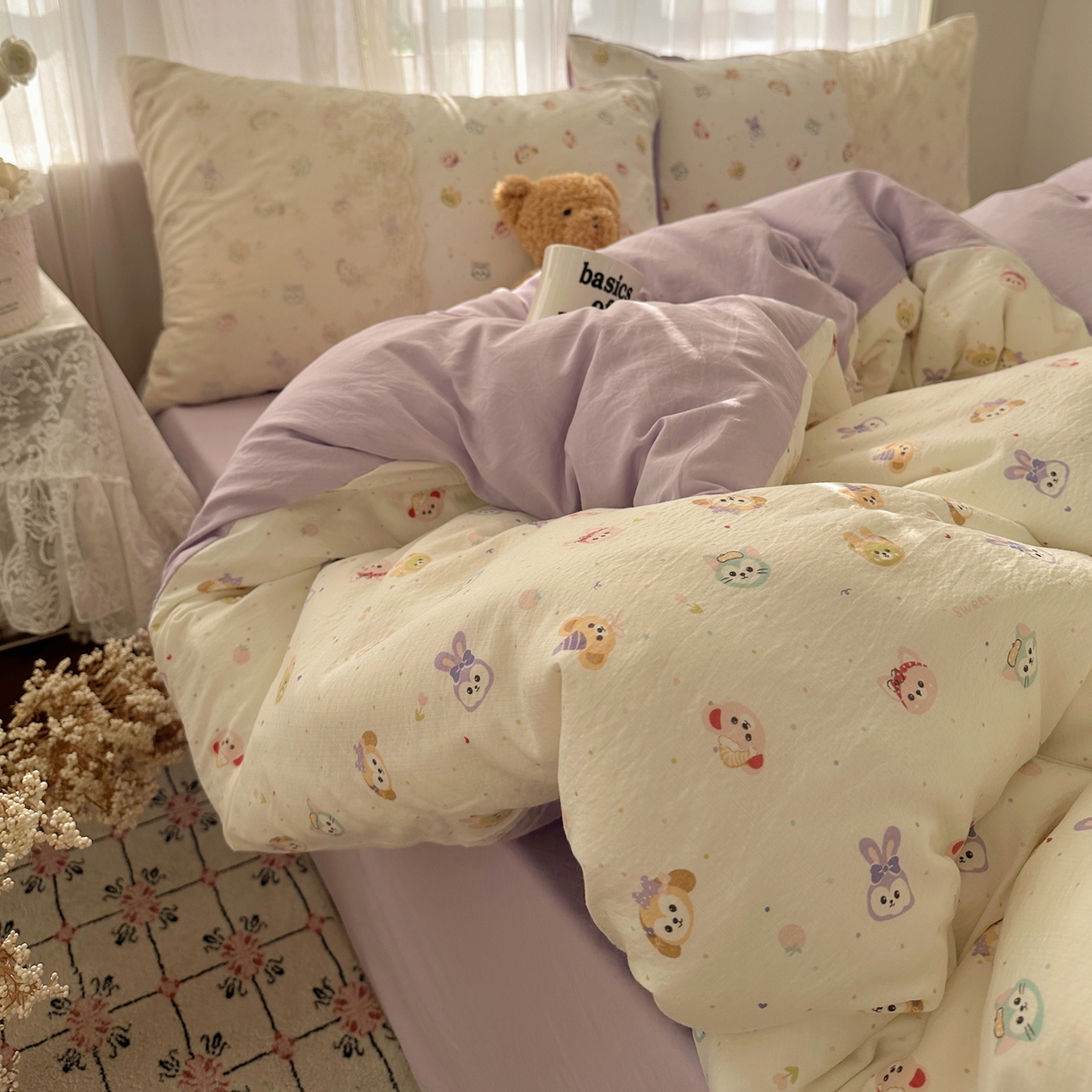 91家纺网 家纺一手货源 找家纺 顾里家纺 2025新款蕾丝花边卡哇伊云感皱皱纱四件套套件 游乐园