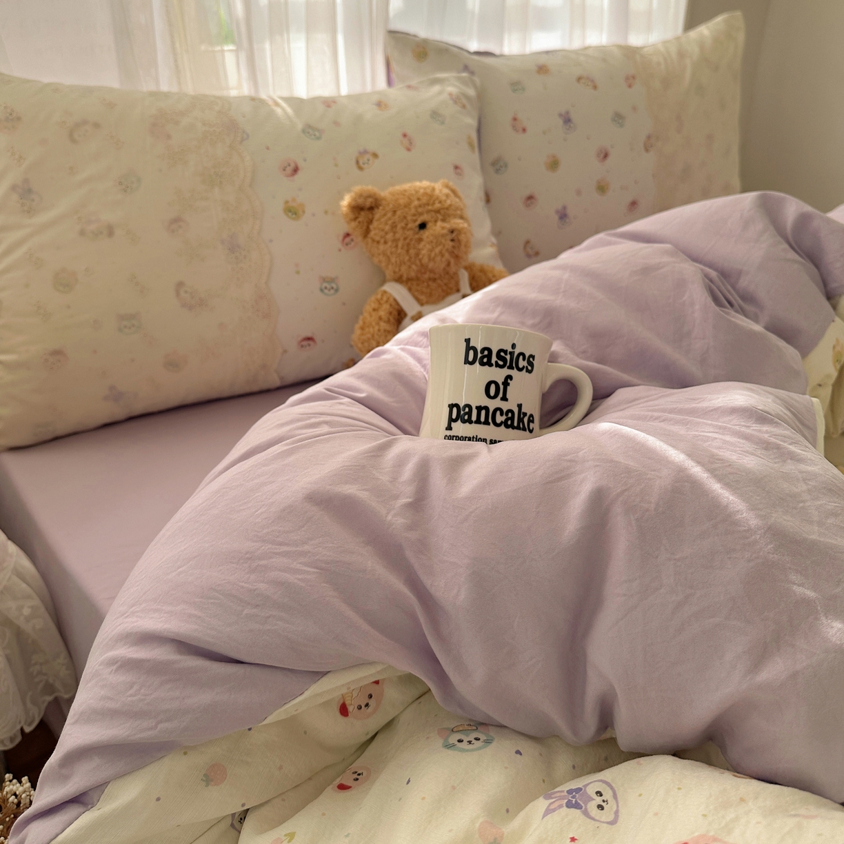 91家纺网 家纺一手货源 找家纺 顾里家纺 2025新款蕾丝花边卡哇伊云感皱皱纱四件套套件 游乐园