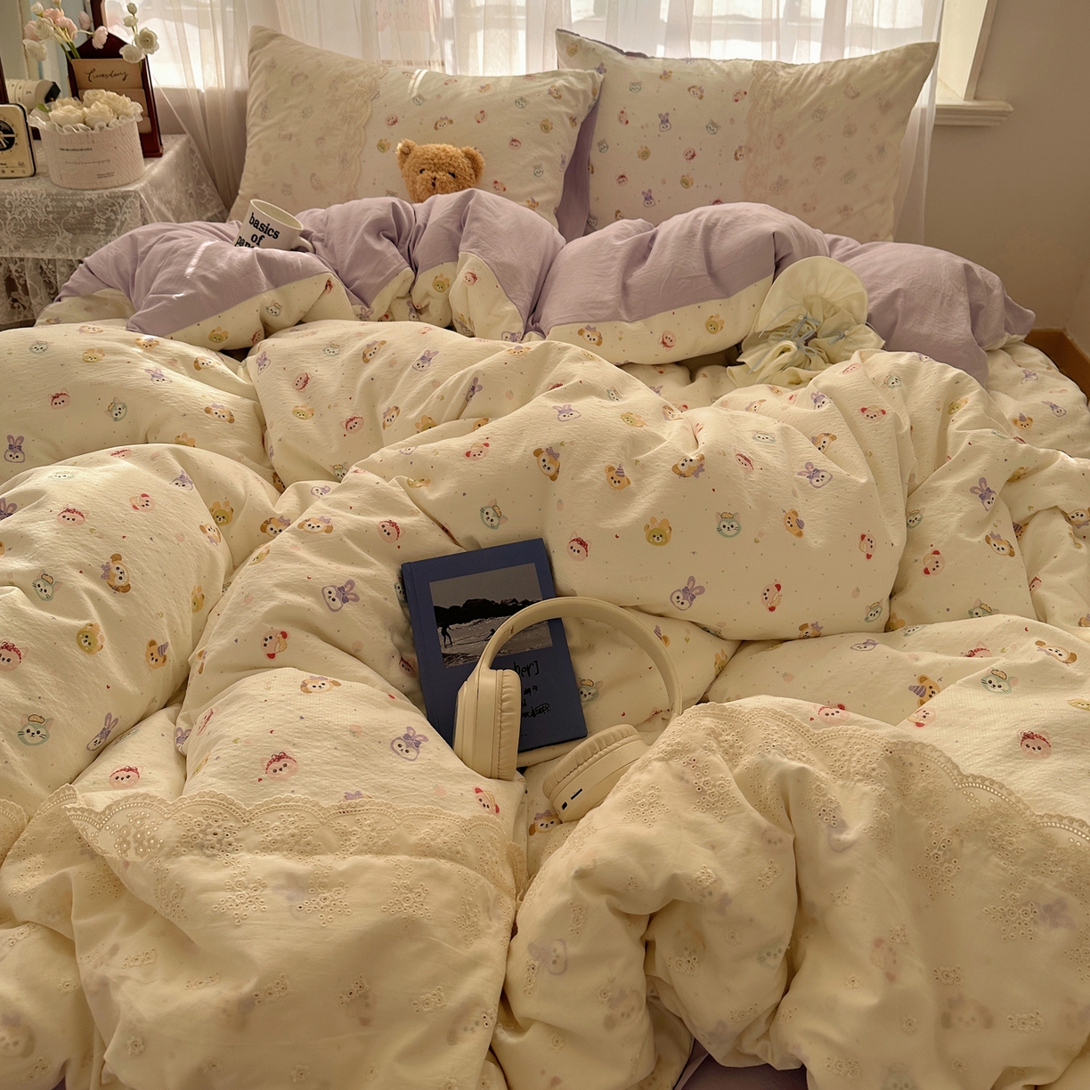 91家纺网 家纺一手货源 找家纺 顾里家纺 2025新款蕾丝花边卡哇伊云感皱皱纱四件套套件 游乐园