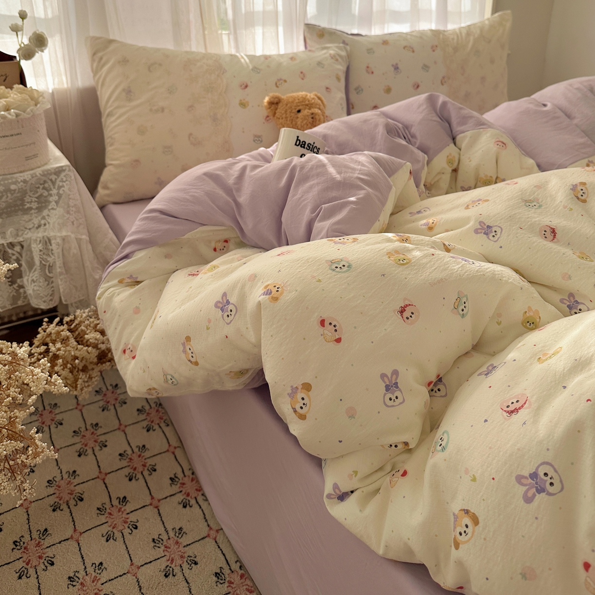 91家纺网 家纺一手货源 找家纺 顾里家纺 2025新款蕾丝花边卡哇伊云感皱皱纱四件套套件 游乐园