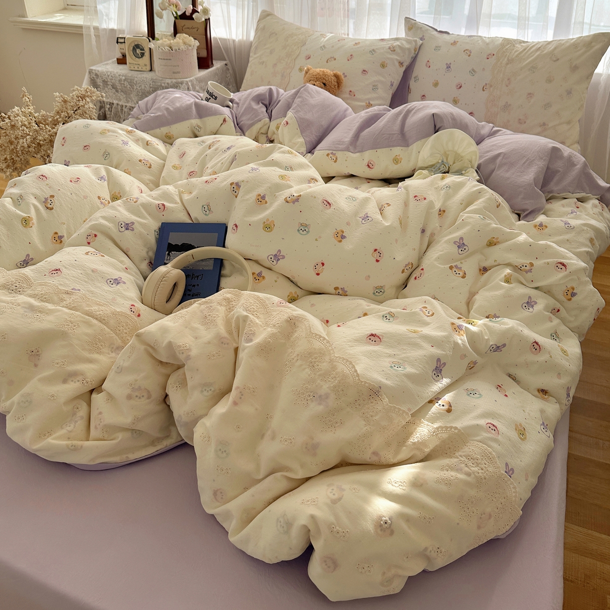 91家纺网 家纺一手货源 找家纺 顾里家纺 2025新款蕾丝花边卡哇伊云感皱皱纱四件套套件 游乐园