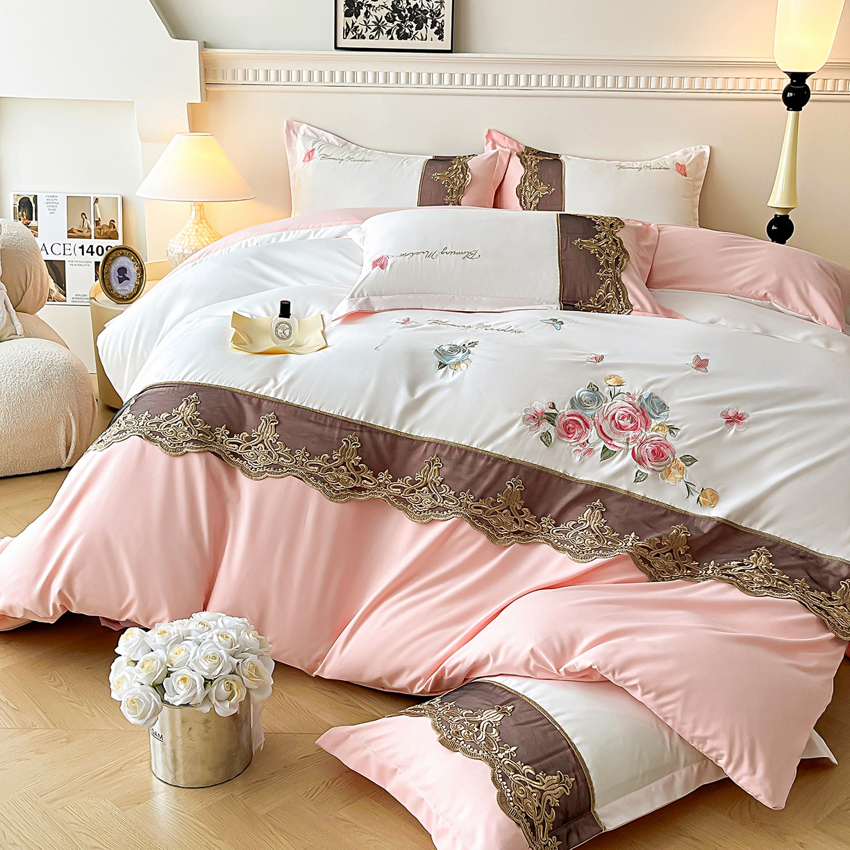 91家纺网 家纺一手货源 找家纺 （总）艺玲家纺 2025新款轻奢高级感亲肤棉床单床盖床笠少女心刺绣四件套