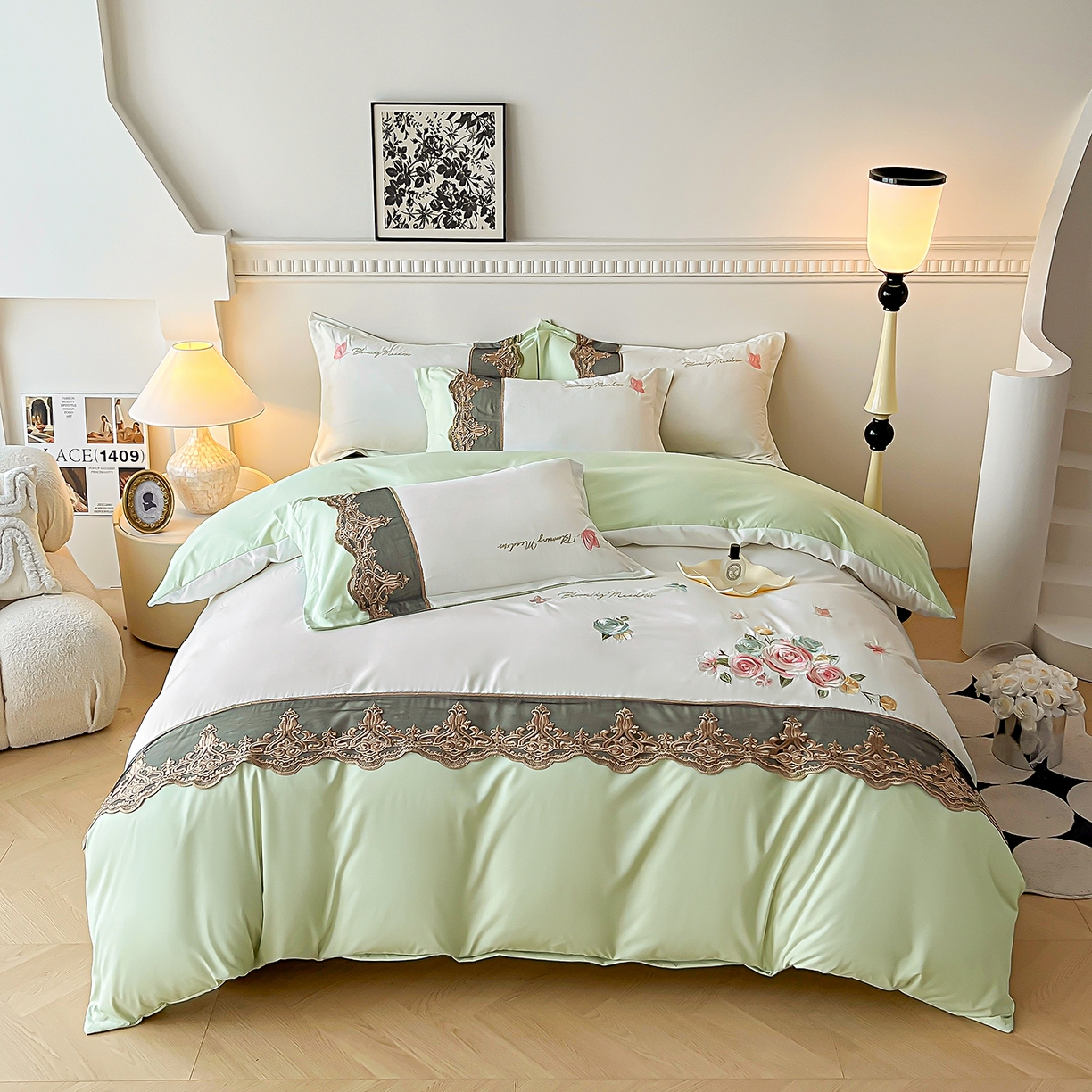 91家纺网 家纺一手货源 找家纺 （总）艺玲家纺 2025新款轻奢高级感亲肤棉床单床盖床笠少女心刺绣四件套