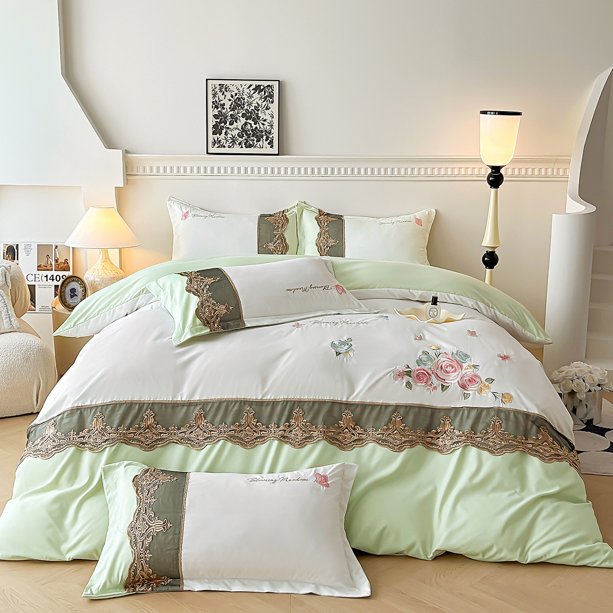 91家纺网 家纺一手货源 找家纺 艺玲家纺 2025新款轻奢高级感亲肤棉床单床盖床笠少女心刺绣四件套 花开半夏-绿