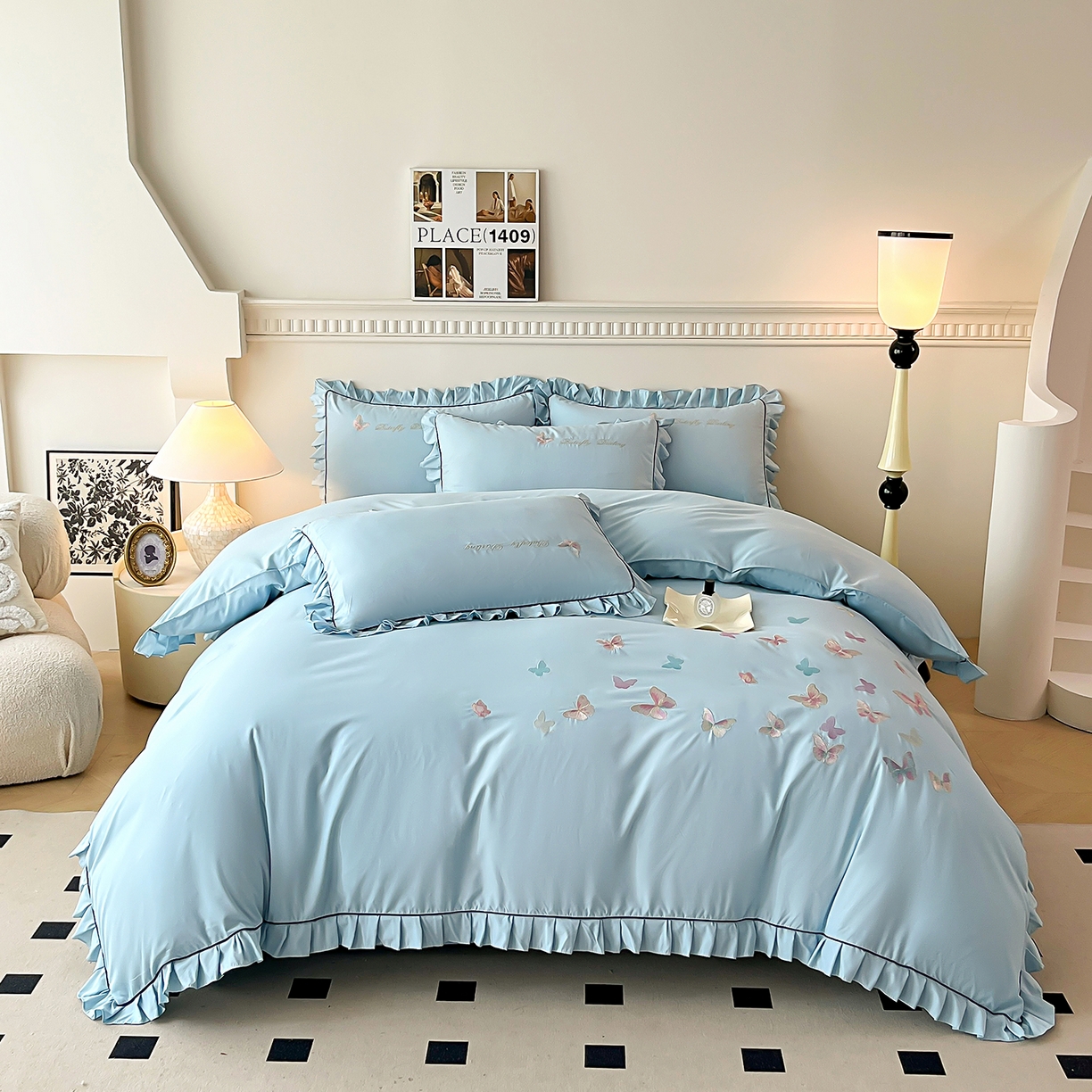 艺玲家纺 2025新款轻奢高级感亲肤棉床单床盖床笠少女心刺绣四件套 蝴蝶梦-蓝