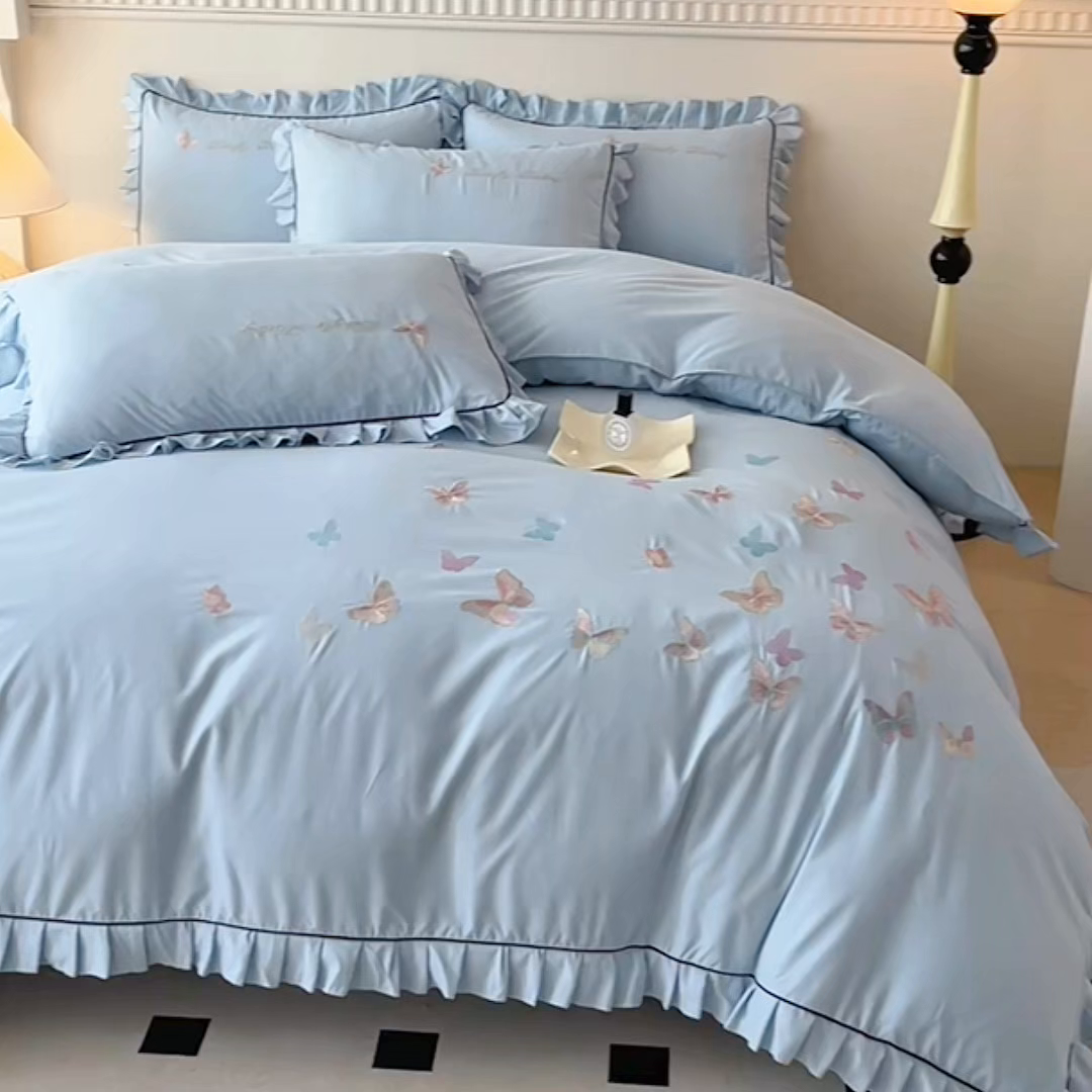 91家纺网 家纺一手货源 找家纺 艺玲家纺 2025新款轻奢高级感亲肤棉床单床盖床笠少女心刺绣四件套 蝴蝶梦-蓝