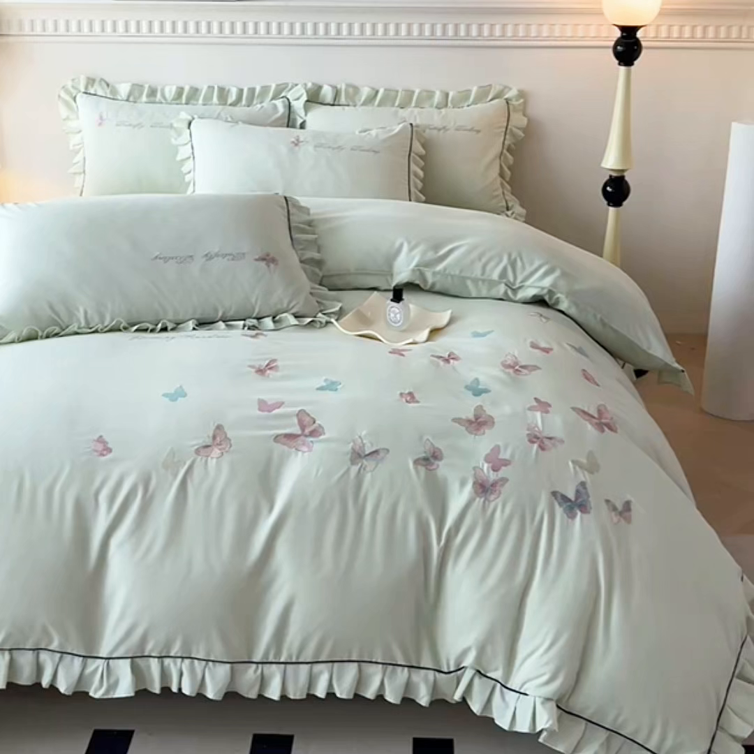 91家纺网 家纺一手货源 找家纺 艺玲家纺 2025新款轻奢高级感亲肤棉床单床盖床笠少女心刺绣四件套 蝴蝶梦-绿