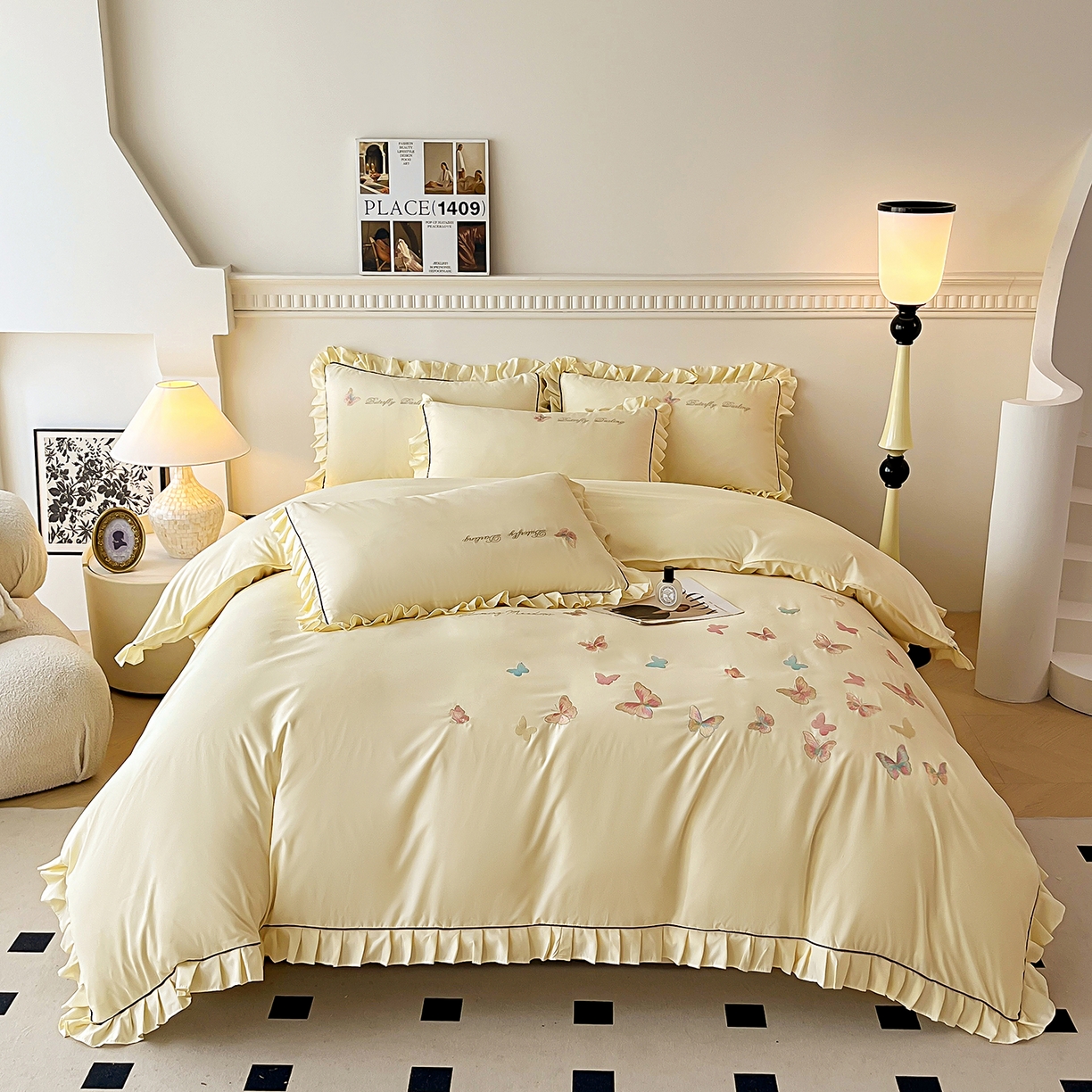 艺玲家纺 2025新款轻奢高级感亲肤棉床单床盖床笠少女心刺绣四件套 蝴蝶梦-米黄