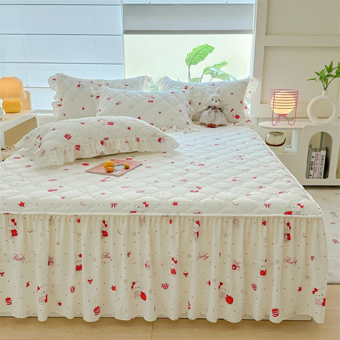 91家纺网 家纺一手货源 找家纺 忘忧草 2025新款亲肤水洗棉夹棉床裙--小清新系列 开心喵