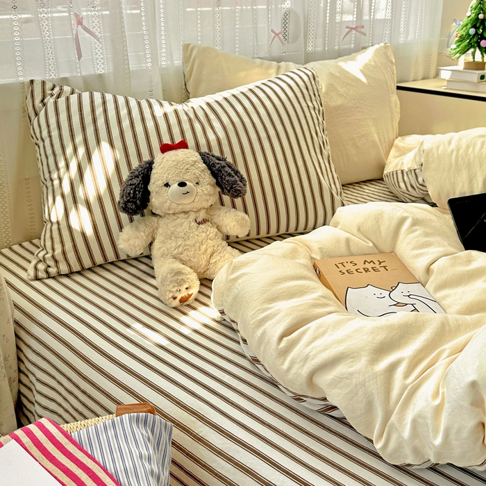 91家纺网 家纺一手货源 找家纺 （总）繁花家居 2025新款高克重水洗棉云朵棉条纹撞色系列四件套