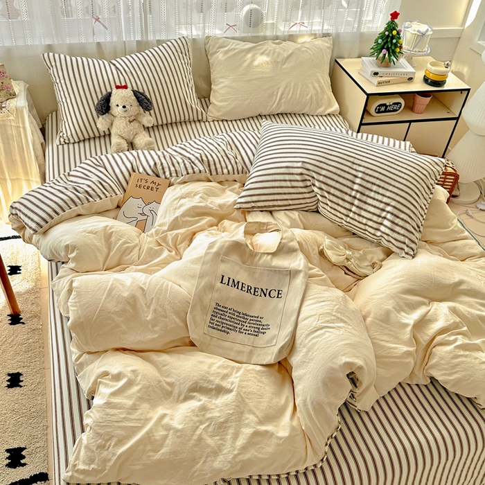 91家纺网 家纺一手货源 找家纺 （总）繁花家居 2025新款高克重水洗棉云朵棉条纹撞色系列四件套